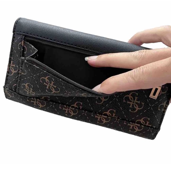 GUESS Women’s Logo Tri-Fold Wallet Brown Black Studded Snap Closure– WEAR INSIDE - Picture 3 of 8